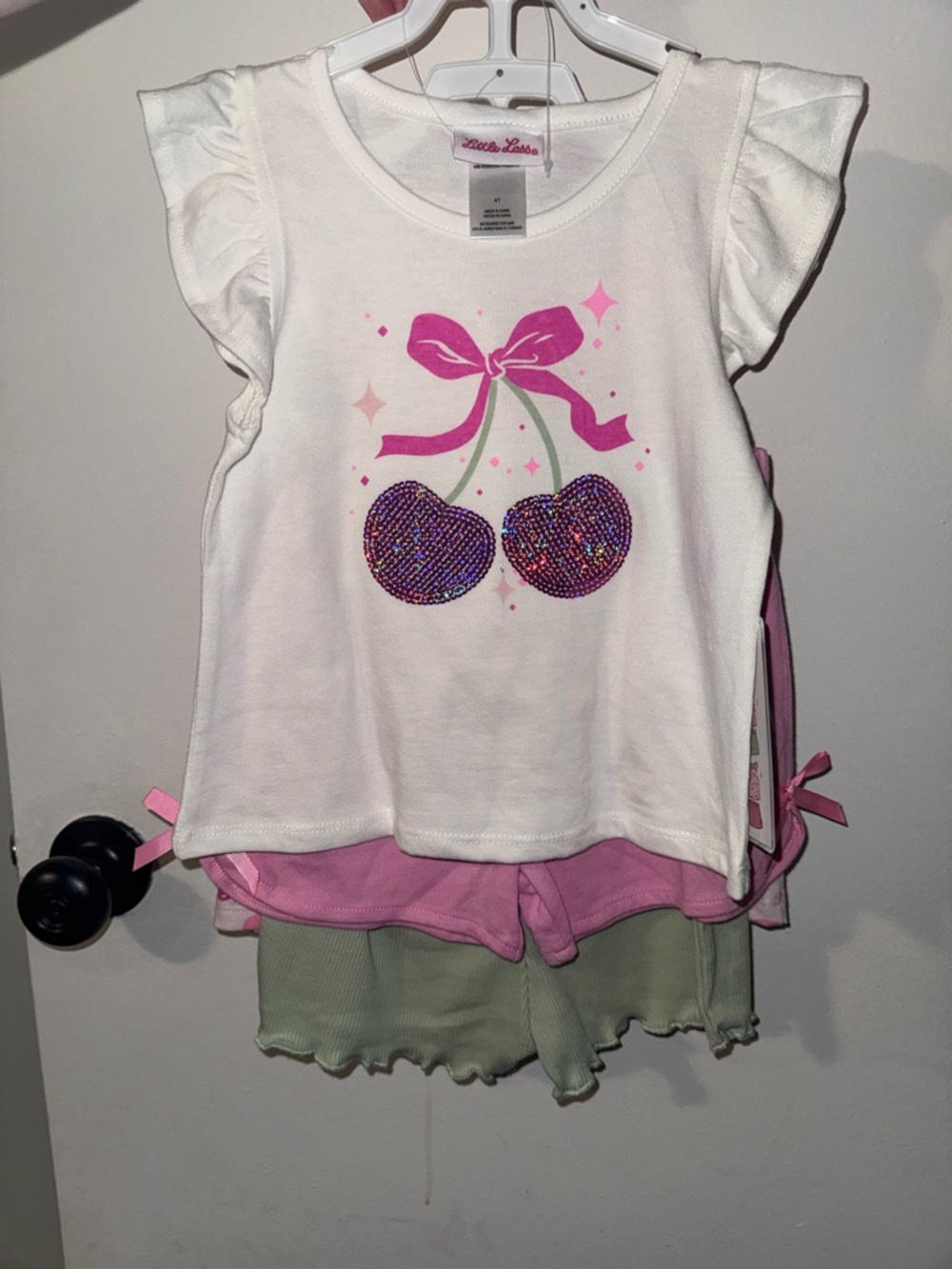 Little Lass White Tee with Pink Bow and Purple Sequin Cherries